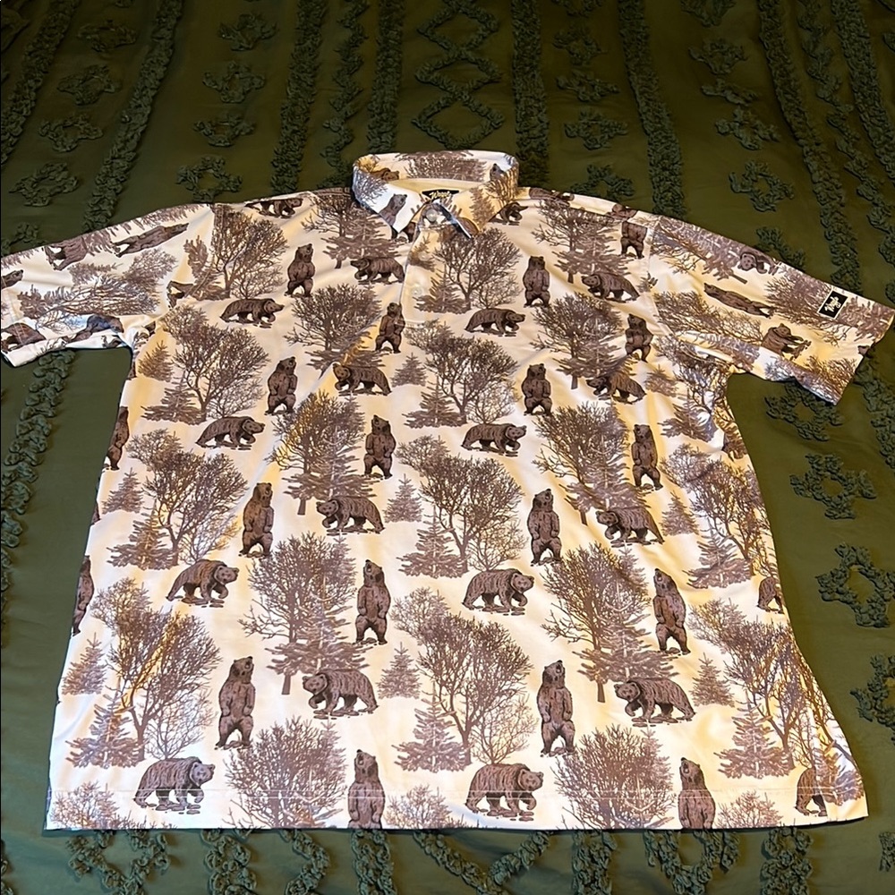 Waggle Golf Brown and White Bear Print Polo Shirt